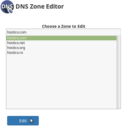 Selectare domeniu DNS Zone Editor